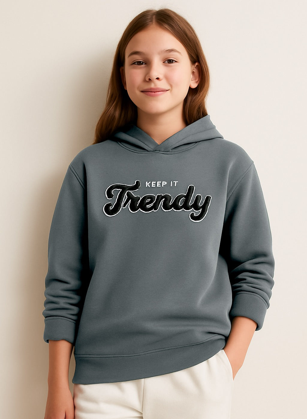 “Keep It Trendy” Graphic Hoodie for Girls – Teal Blue | 100% Cotton Fleece |