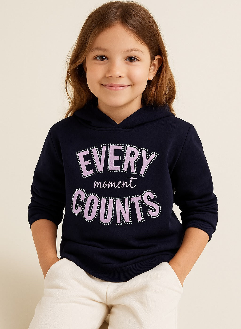 Girls Œevery Moment Counts” Fleece Hoodie “ Navy