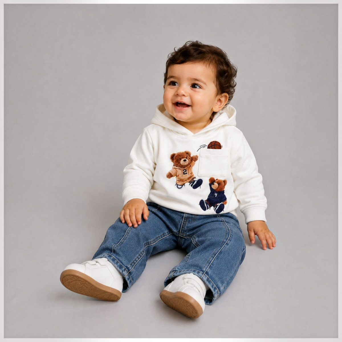 victor and jane boys 2-piece set featuring a white cotton-blend hoodie with bear graphics and blue denim pants