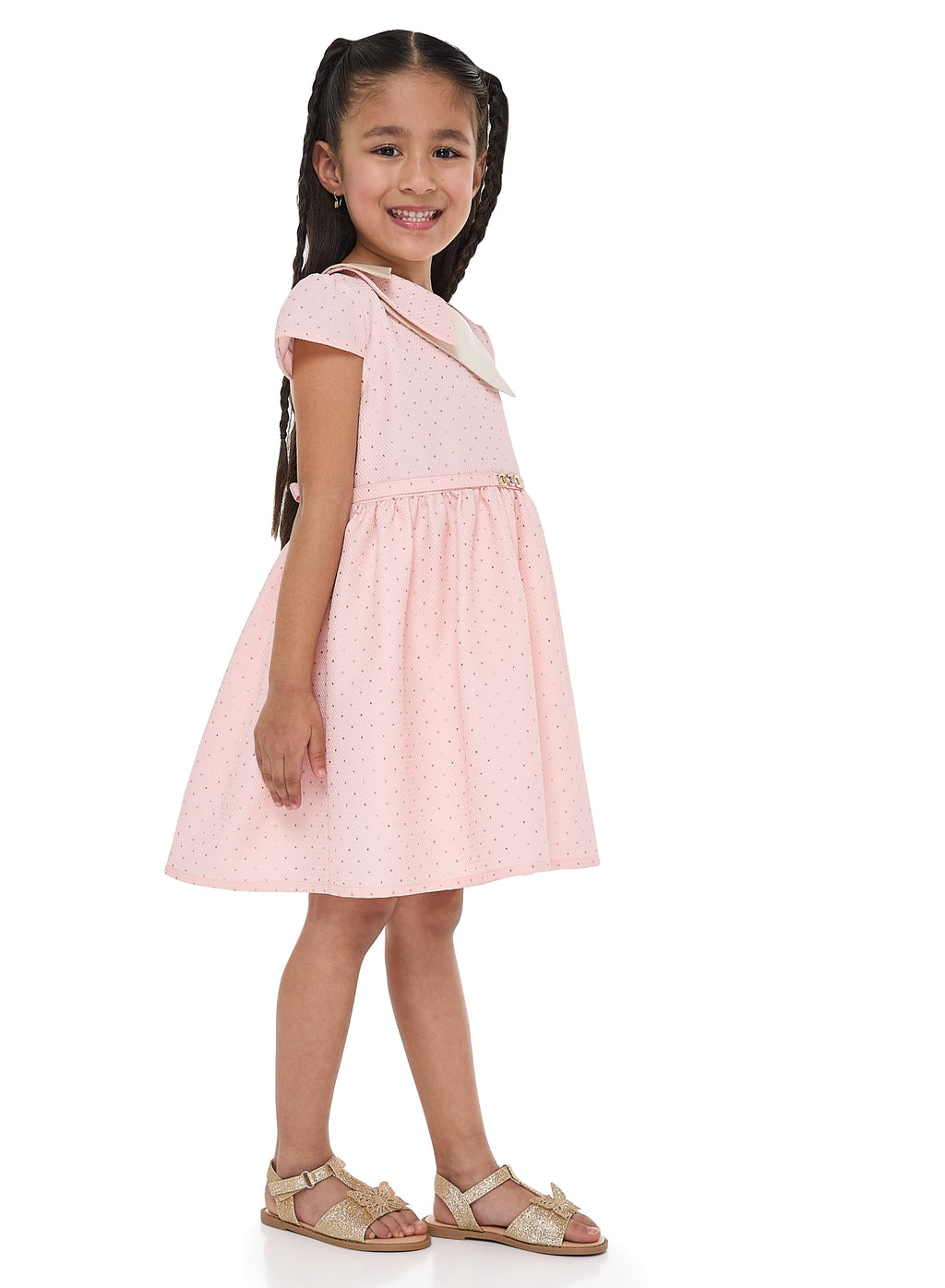 Chic Pink/Gold Lapel Jacquard Dress