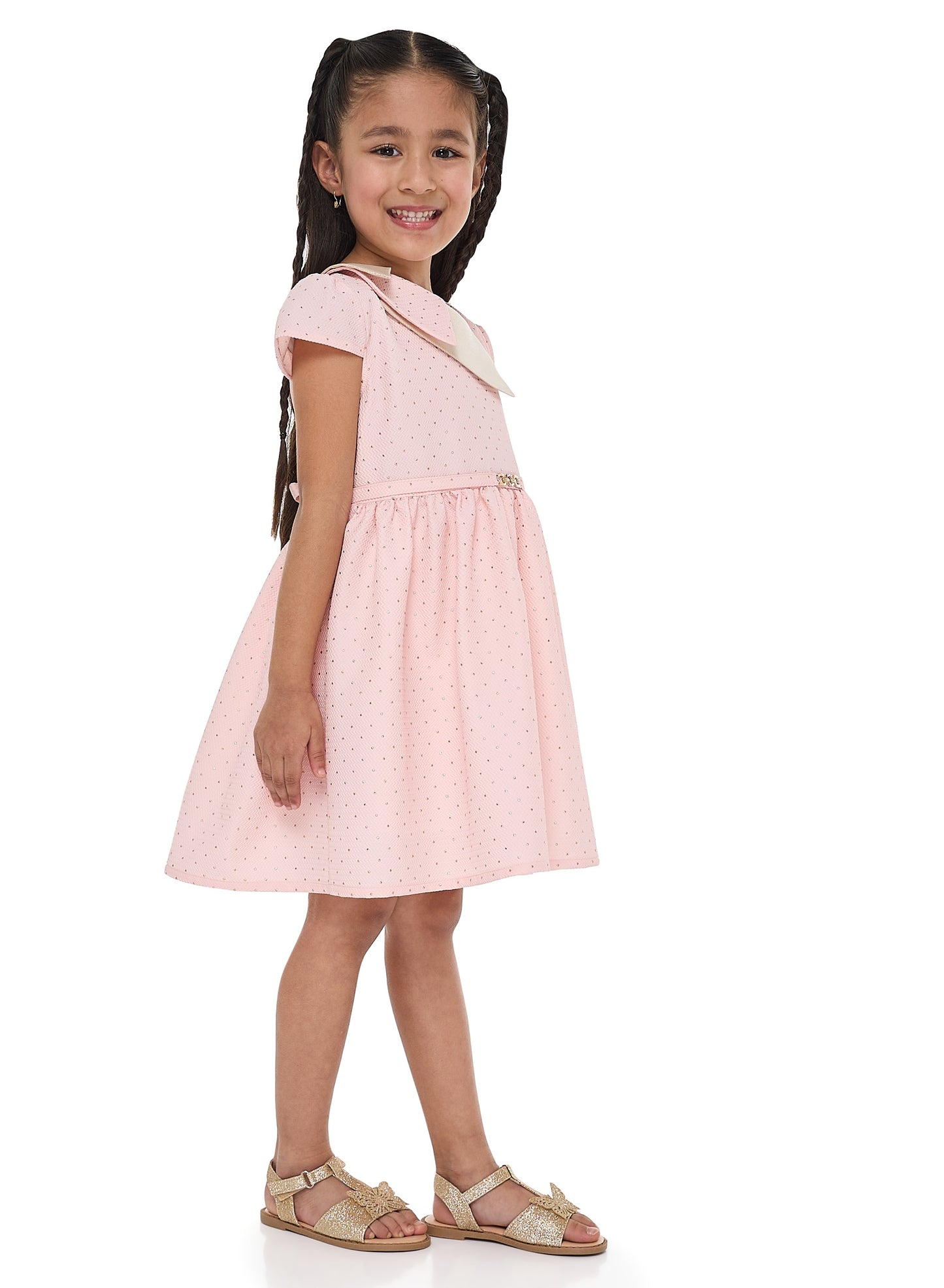 Chic Pink/Gold Lapel Jacquard Dress