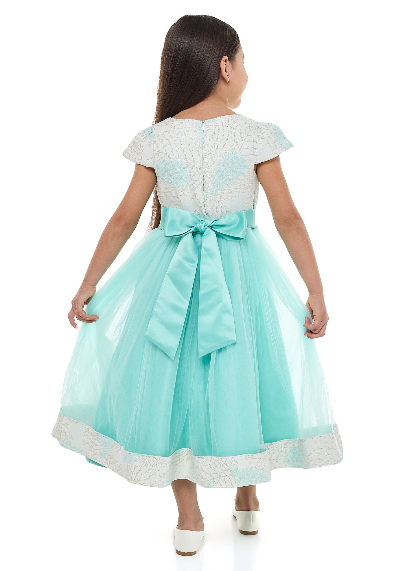 Girls Mint Jacquard & Tulle Dress