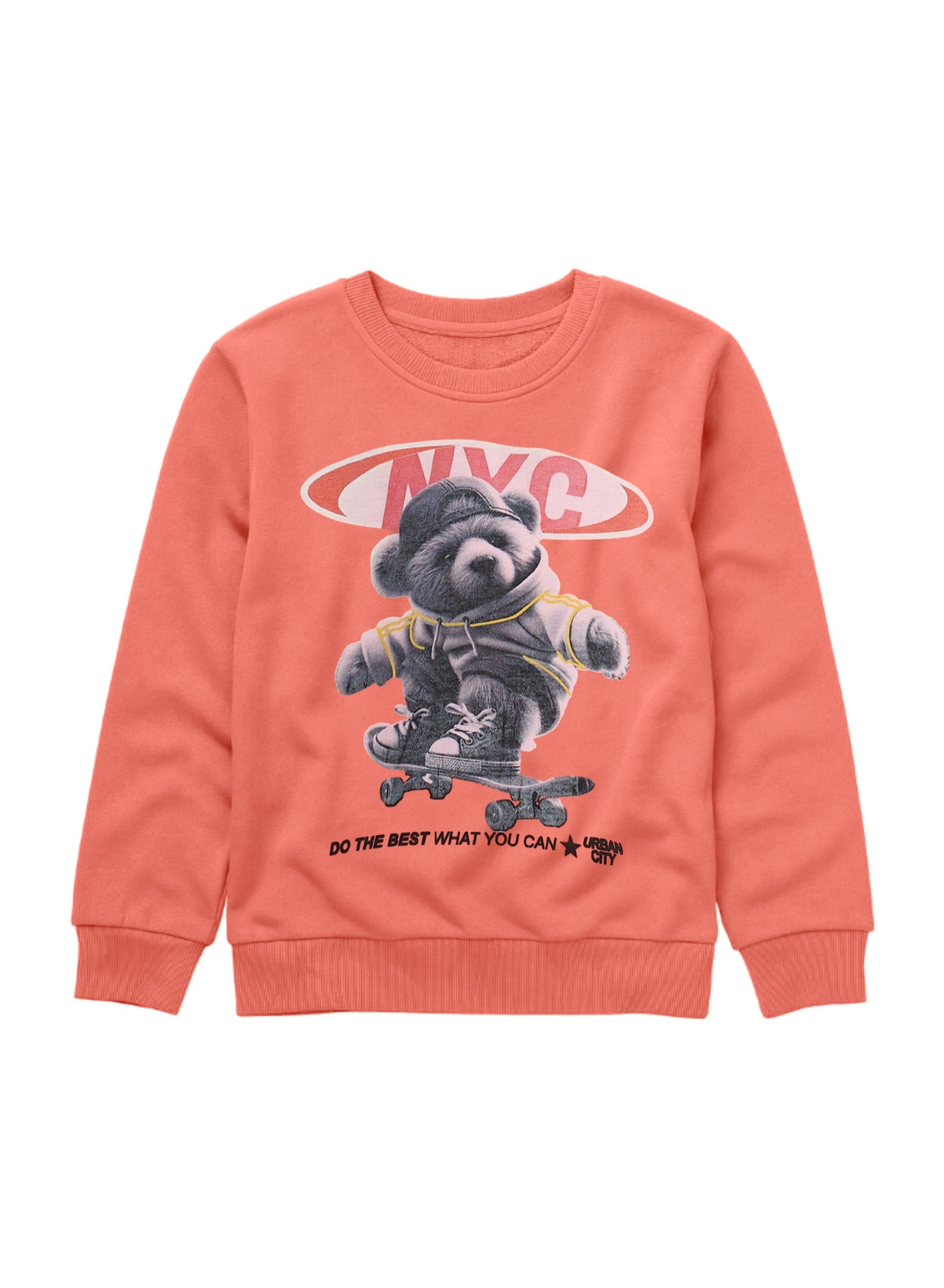 Victor And Jane Skater Bear Printed Full Sleeves Sweatshirt And Joggers Set - Peach/Black
