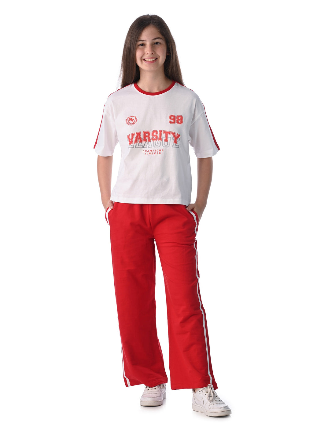 Victor And Jane Girls 2 Pc Set - Embellished Top With Matching Straight Pants With Tape Detail