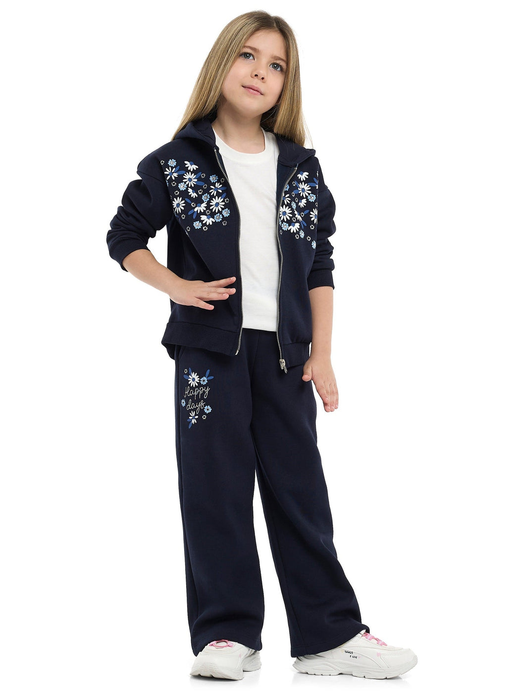 Girls Floral Embroidered Fleece Tracksuit “ Navy 2-Piece Set