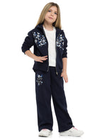 Girls Floral Embroidered Fleece Tracksuit “ Navy 2-Piece Set