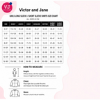 Victor and Jane girls shirt size chart with measurements for height, chest, and sleeve length in centimeters