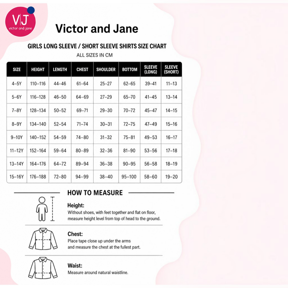 Victor and Jane girls shirt size chart with measurements for height, chest, and sleeve length in centimeters