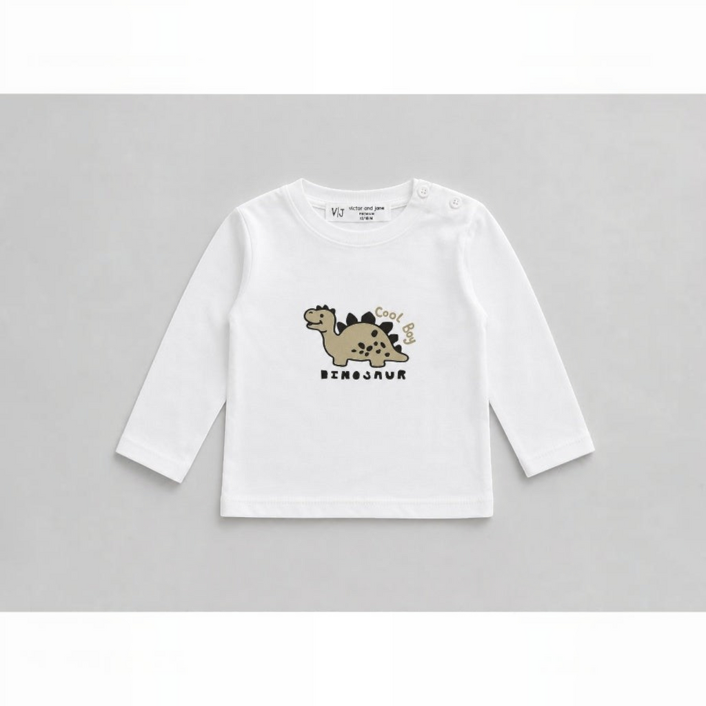 victor and jane white long-sleeve cotton-blend top for boys featuring a cute dinosaur graphic print