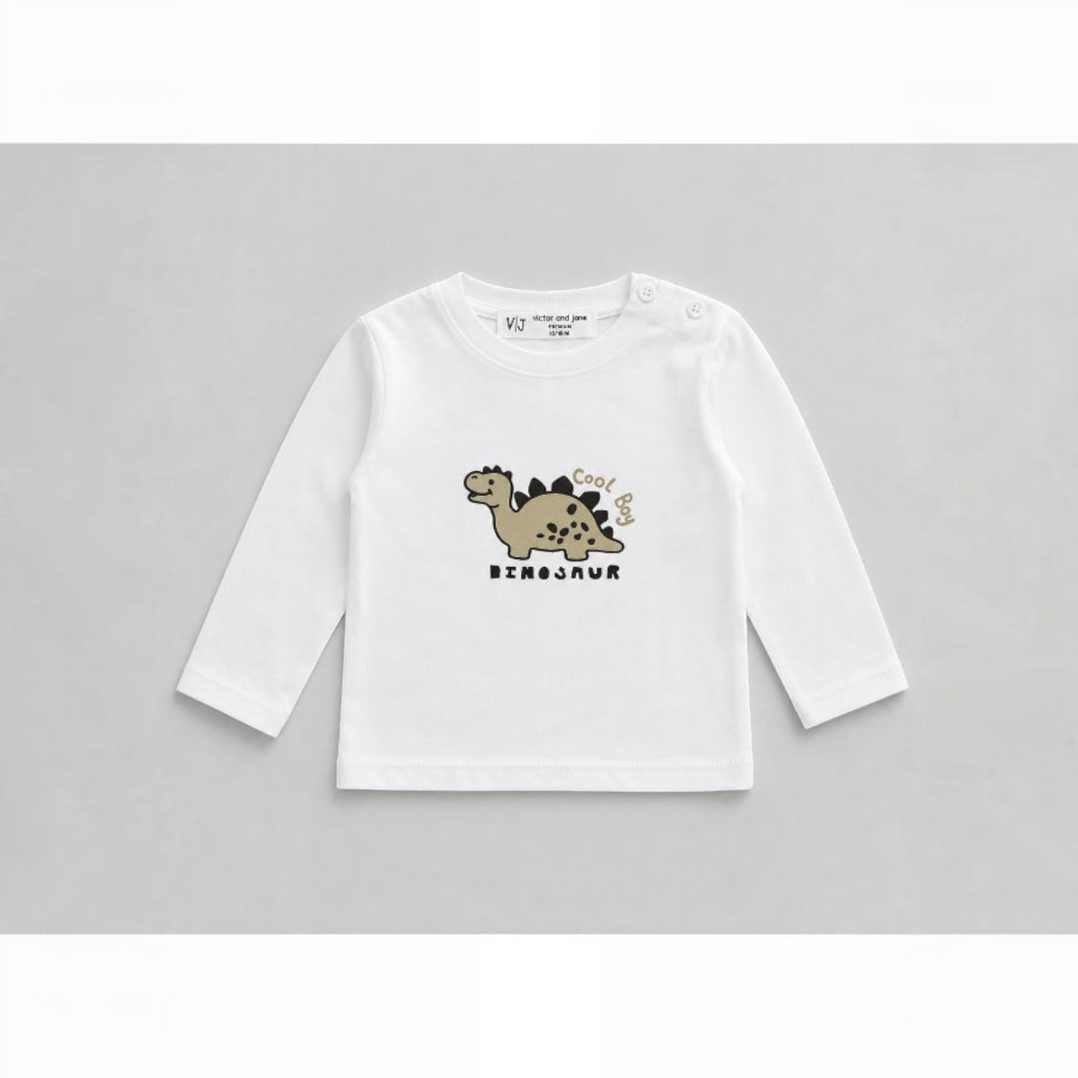 victor and jane white long-sleeve cotton-blend top for boys featuring a cute dinosaur graphic print