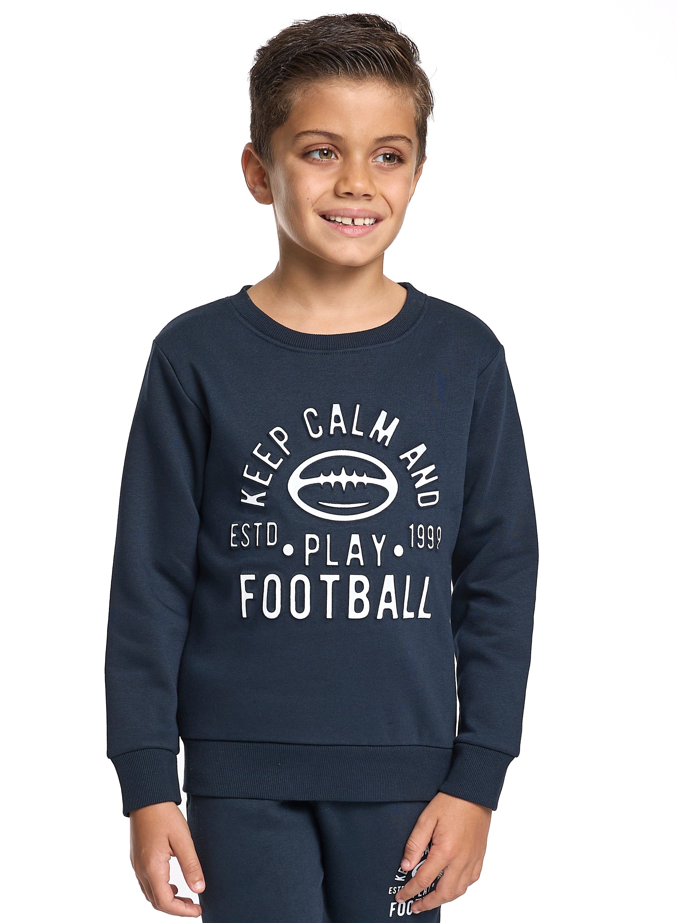 Victor And Jane Cotton Football Graphic Full Sleeves Sweatshirt & Joggers Co-Ord Set - Navy Blue