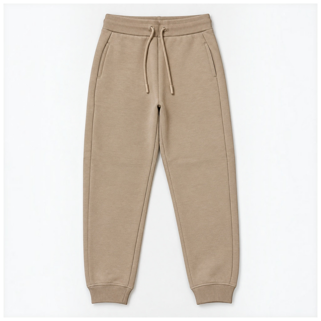 victor and jane boys beige fleece jogger pants with an elastic drawstring waistband and ribbed cuffs