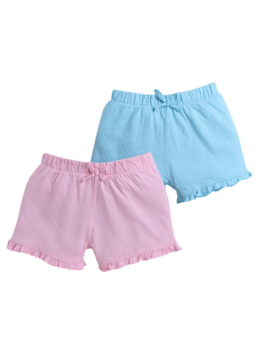 Victor and Jane Girls' Jacquard Shorts with Elasticated Waistband and Ruffle Trim- Pink and Blue-Pack of 2