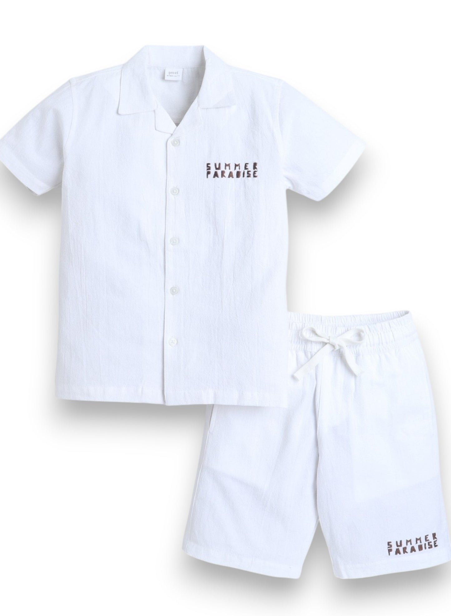 Boys' Casual Cotton Shirt & Shorts Set with Back Print – Short Sleeve Outfit - Off White