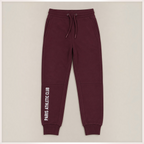 victor and jane boys' burgundy fleece jogger pants with Paris Athletic Club print and drawstring waist