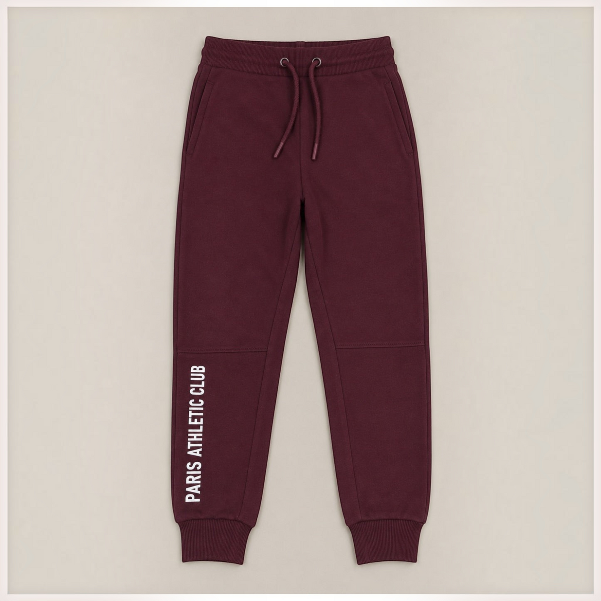 victor and jane boys' burgundy fleece jogger pants with Paris Athletic Club print and drawstring waist