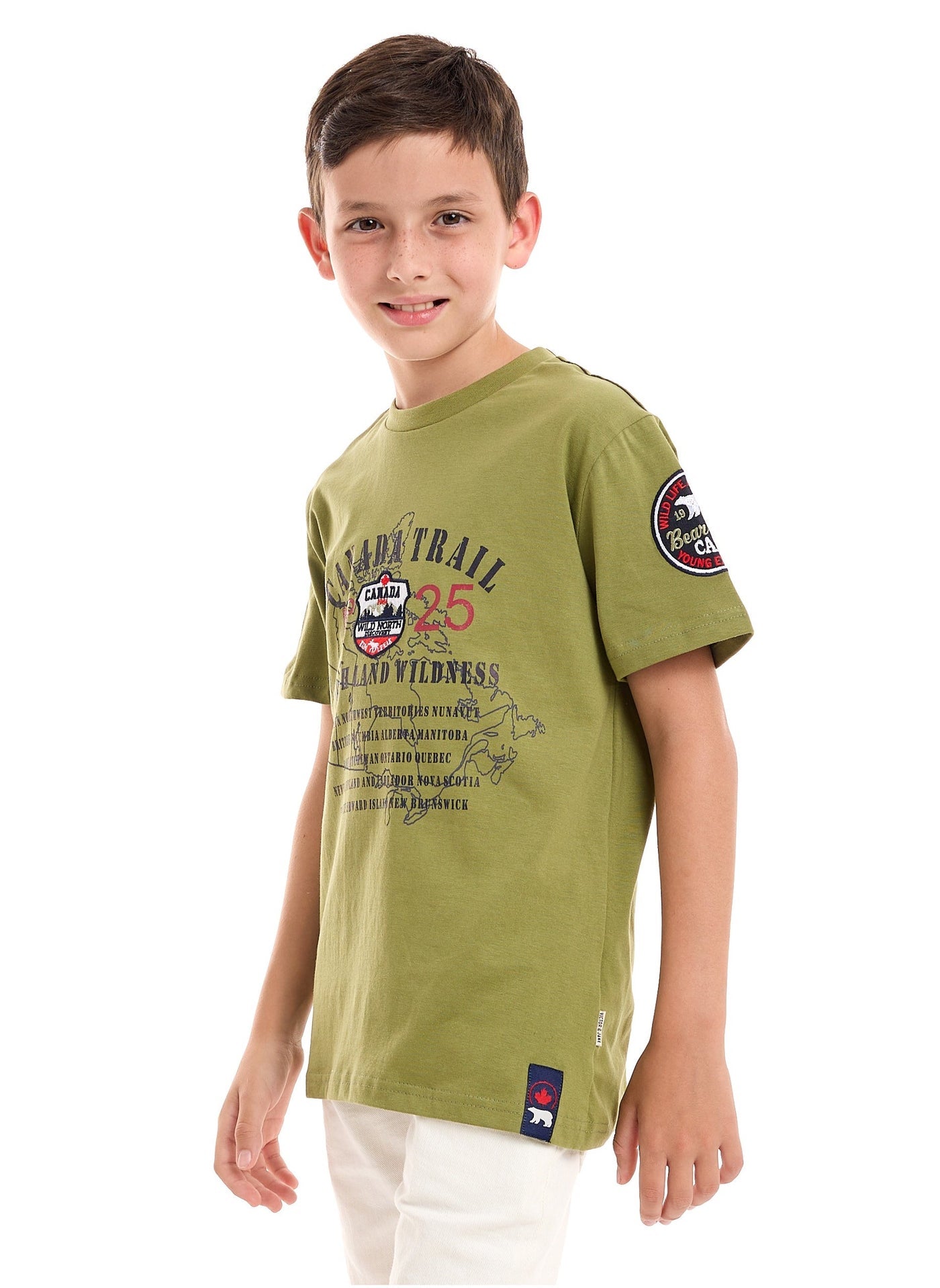 Victor and Jane Cotton Bear Patch With Embroidery Detail Graphic T-Shirt - Olive Green