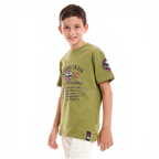 victor and jane olive green graphic t-shirt with Canada trail print and sleeve patch worn by a young boy