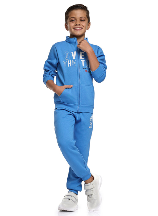 Boys Blue Zipper Jacket Set – “Over the Top” Print with High Neck & Pocket Joggers
