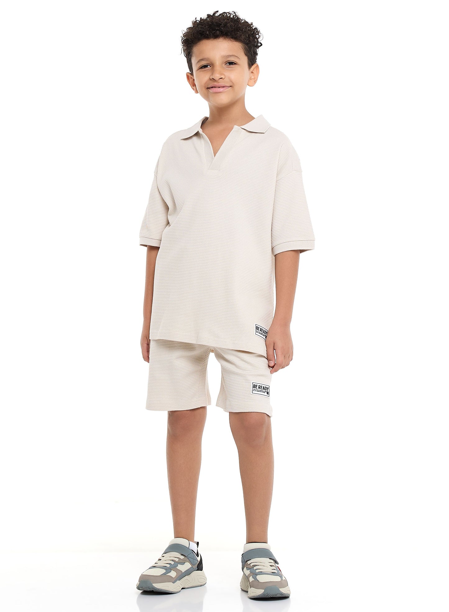 Victor and Jane Boys' Jacquard Set – Beige 2-Piece Outfit with Pockets, Polo T-Shirt and Shorts