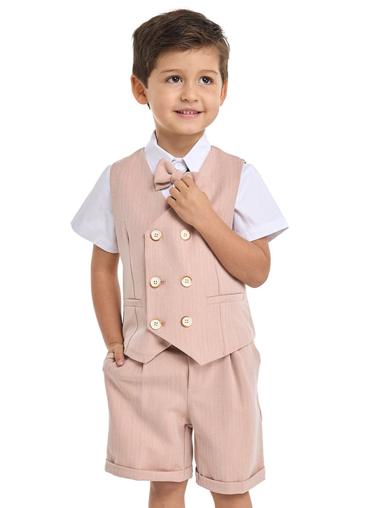Salmon Color Waistcoat And Short Set With Shirt And Bow Tie