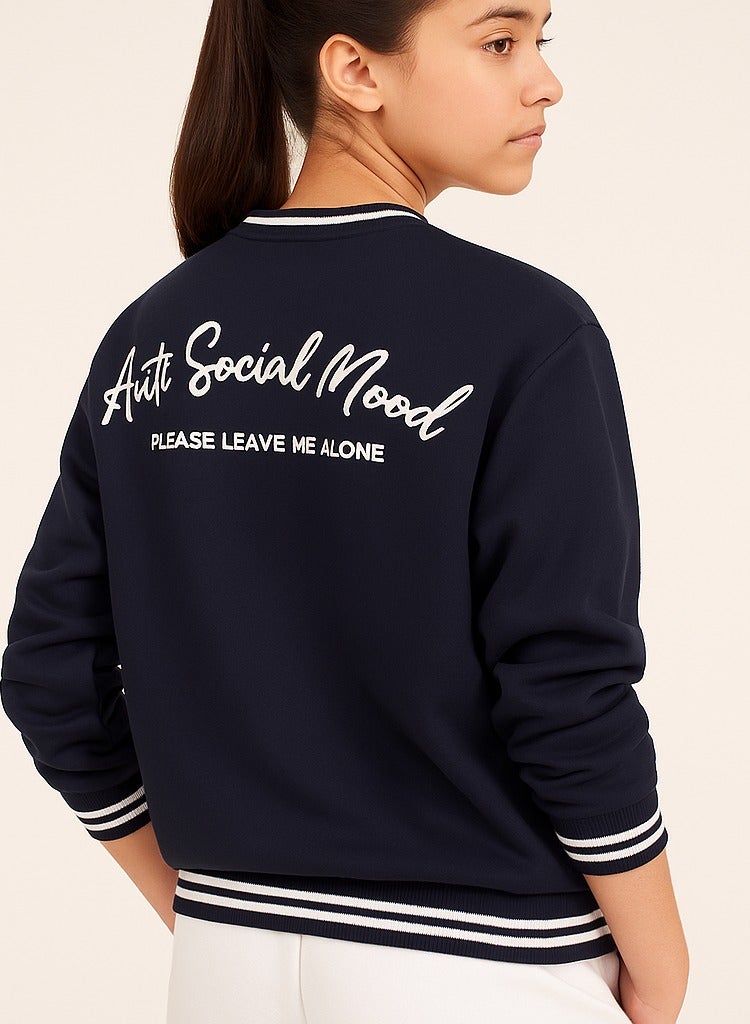 V-Neck "Anti Social Mood" Sweatshirt “ Navy | 100% Cotton Fleece |