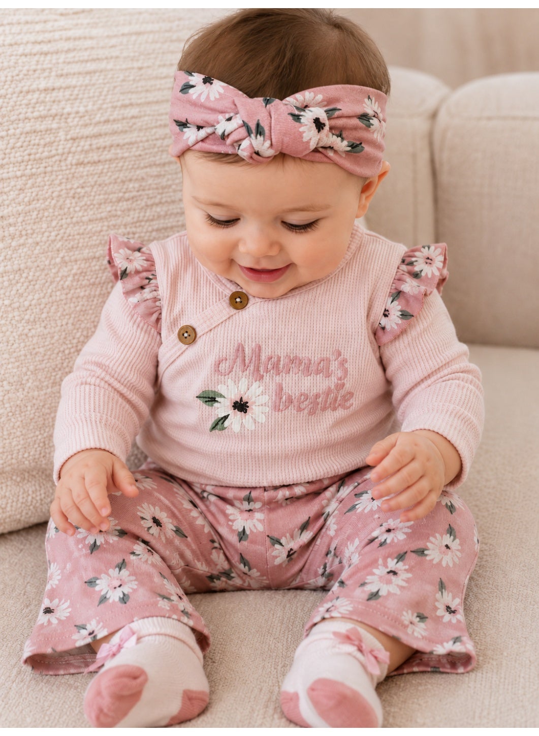 Baby Girls Wrap Bodysuit and Floral Pants Set with Socks and Headband (4-Piece)