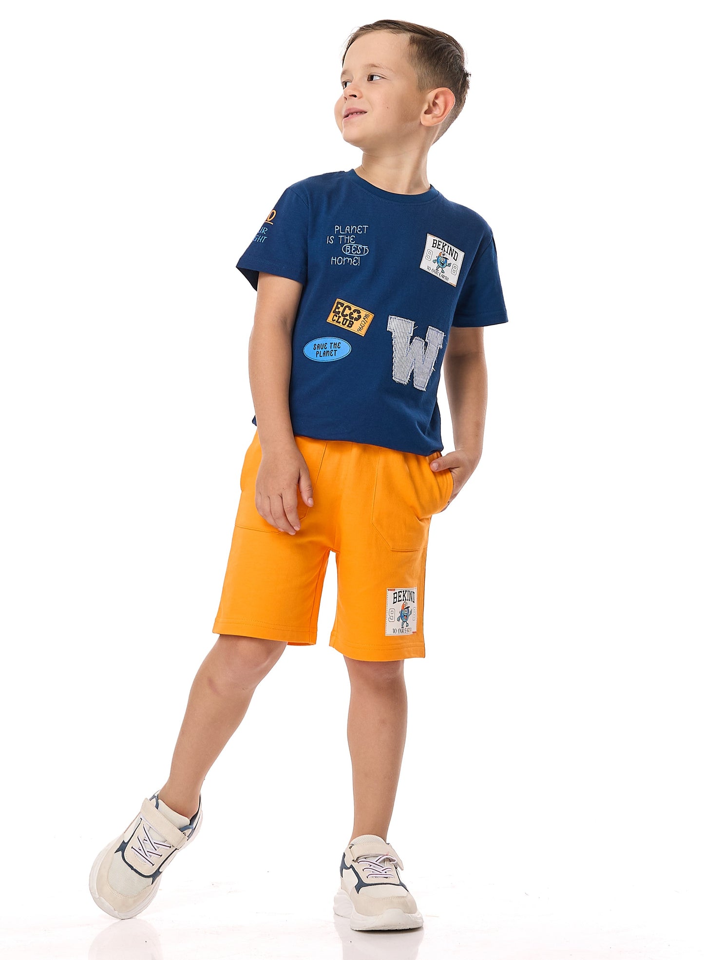 Victor and Jane Cotton Round Neck T-Shirt & Shorts Set with label deatail - Blue And Orange