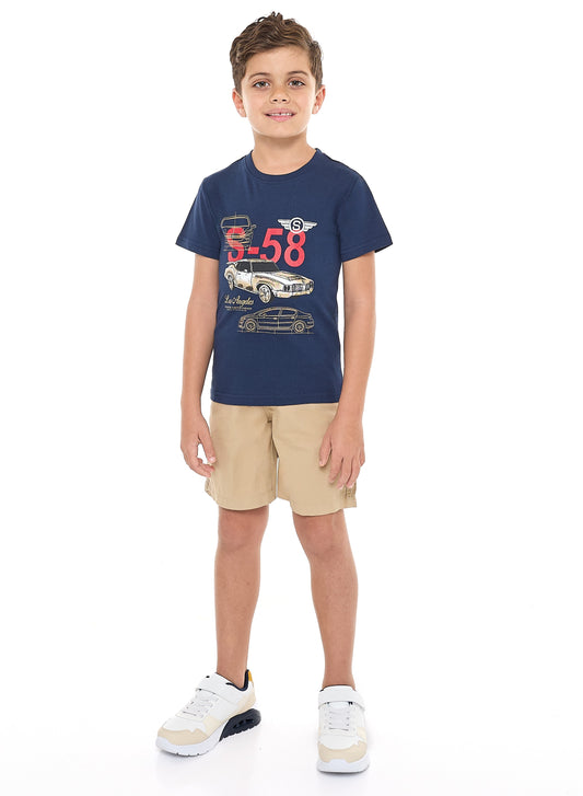 Victor and Jane Classic Navy and Khaki Cotton T-Shirt & Pull-On Shorts Boys Set