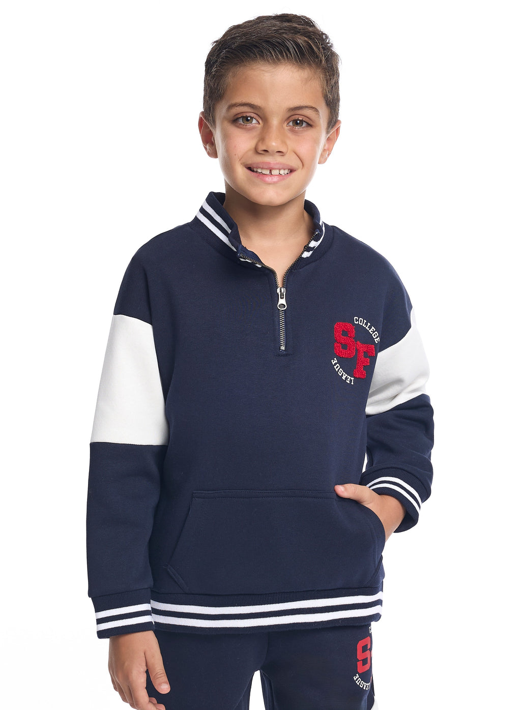 Victor And Jane Cotton Sf Patch & Printed Full Sleeves Zip Up Varsity Sweatshirt & Joggers Co-Ord Set - Navy Blue & White