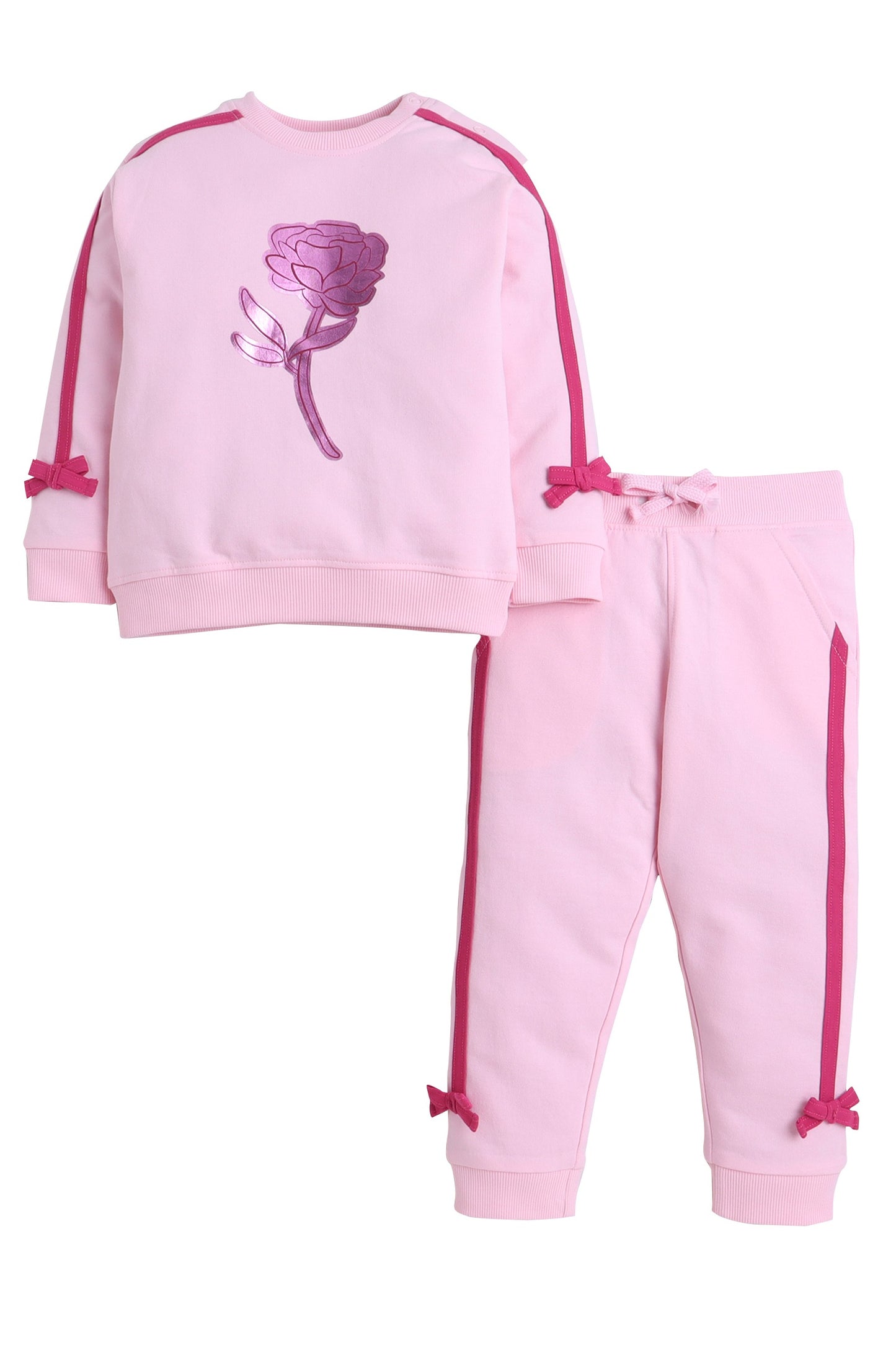 Baby Girl Rose Appliqué Fleece Tracksuit – Pink 2-Piece Set