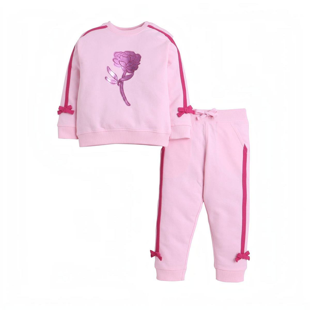 victor and jane 2-piece girl's set in light pink featuring a metallic rose graphic, side stripes, and bow accents.