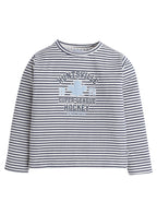 Dirkje Cotton Super Hockey League Patched Printed & Striped Bomber Jacket With T-Shirt And Joggers Set - White/Blue