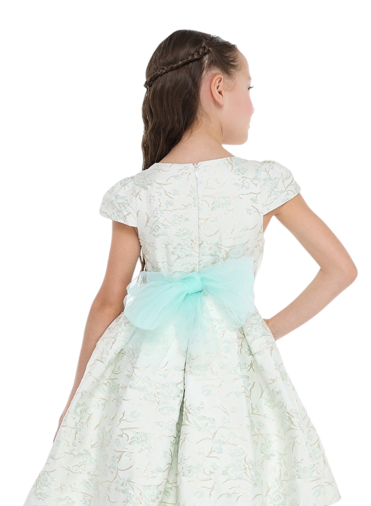 Mint Green/Gold Jacquard High Low Tail Dress With Tulle Mesh