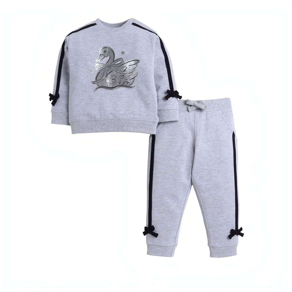 victor and jane grey two-piece set with silver swan embroidery, black side stripes, and decorative bow accents.