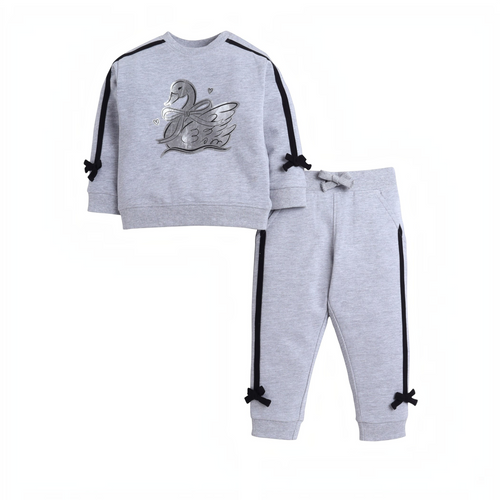 victor and jane grey two-piece set with silver swan embroidery, black side stripes, and decorative bow accents.