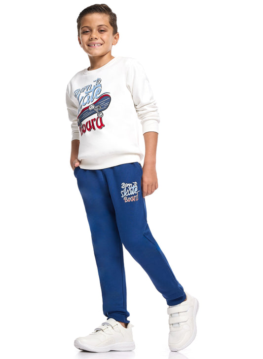 Boys’ Trendy Skate Outfit – White Sweatshirt & Navy Bottoms