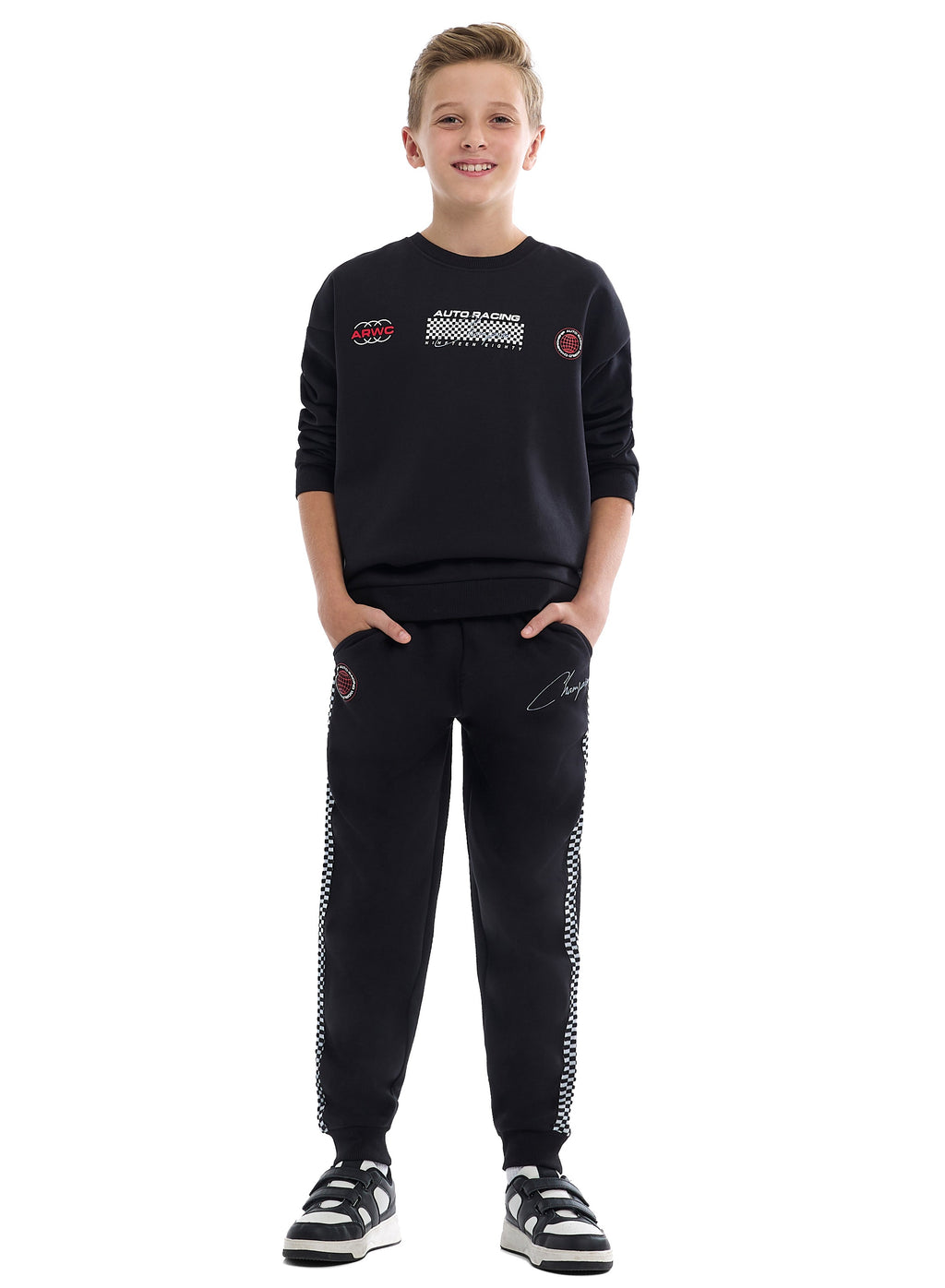 Kids Black Pullover Hoodie & Joggers Set With Œworld Explorer” Logo