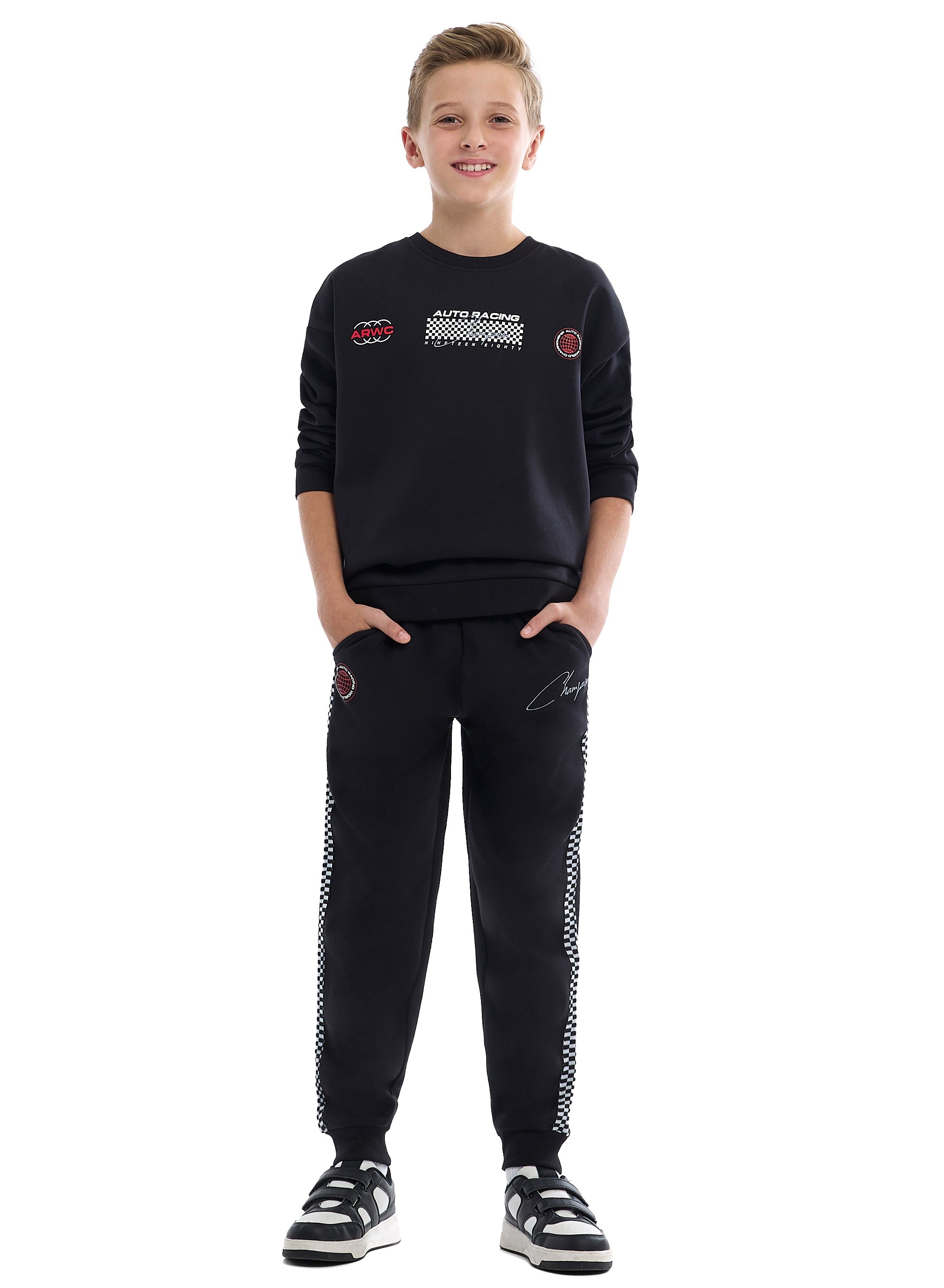 Kids Black Pullover Hoodie & Joggers Set With Œworld Explorer” Logo
