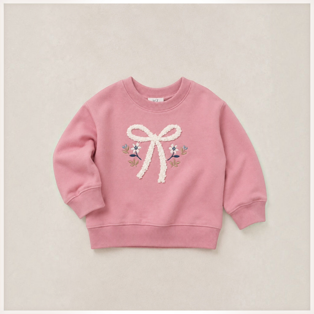 victor and jane baby girls pink sweatshirt with white textured bow and floral embroidery detail