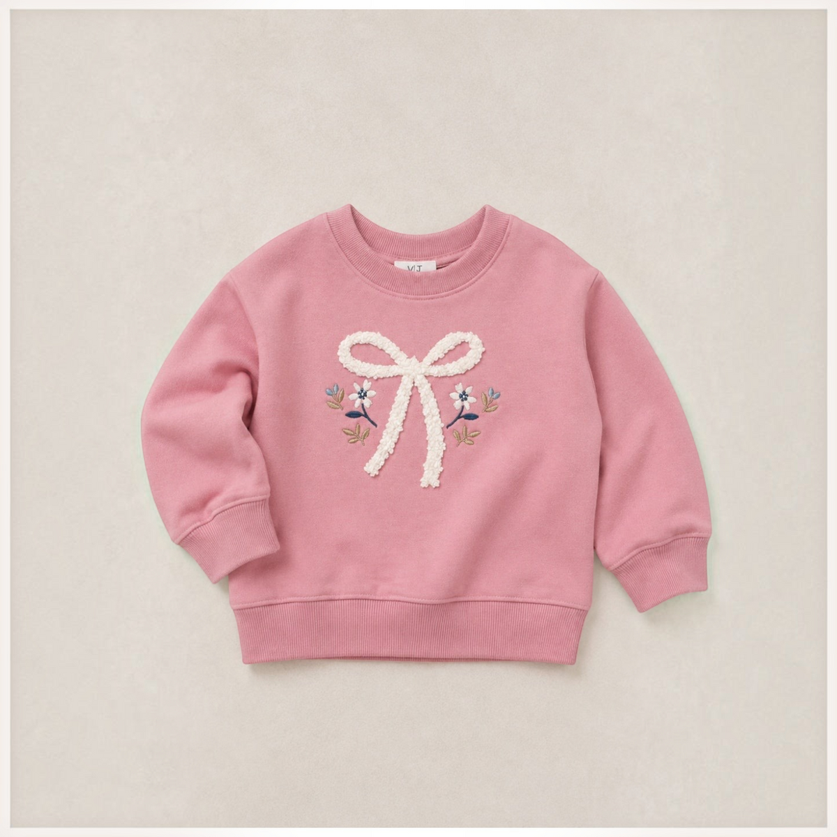 victor and jane baby girls pink sweatshirt with white textured bow and floral embroidery detail