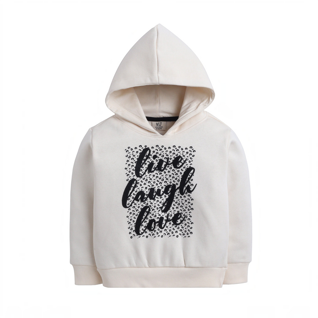 victor and jane girls cream hoodie featuring a black live laugh love graphic print on a leopard print background