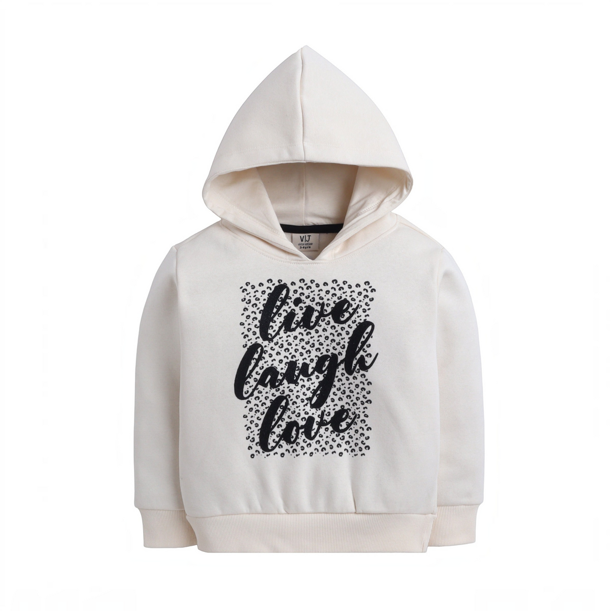 victor and jane girls cream hoodie featuring a black live laugh love graphic print on a leopard print background