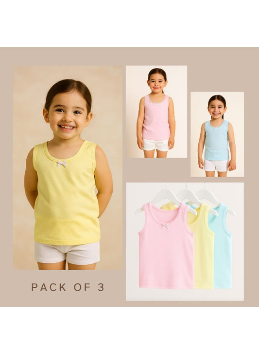 3-Pack Girls' Cotton Vests – Pastel Soft Essentials in Pink, Yellow & Blue