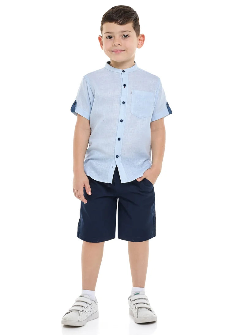 Victor And Jane Short Sleeves Mandarin Collar Stripes Shirt & Shorts Set