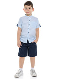 Victor And Jane Short Sleeves Mandarin Collar Stripes Shirt & Shorts Set