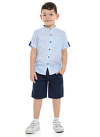 Victor And Jane Short Sleeves Mandarin Collar Stripes Shirt & Shorts Set