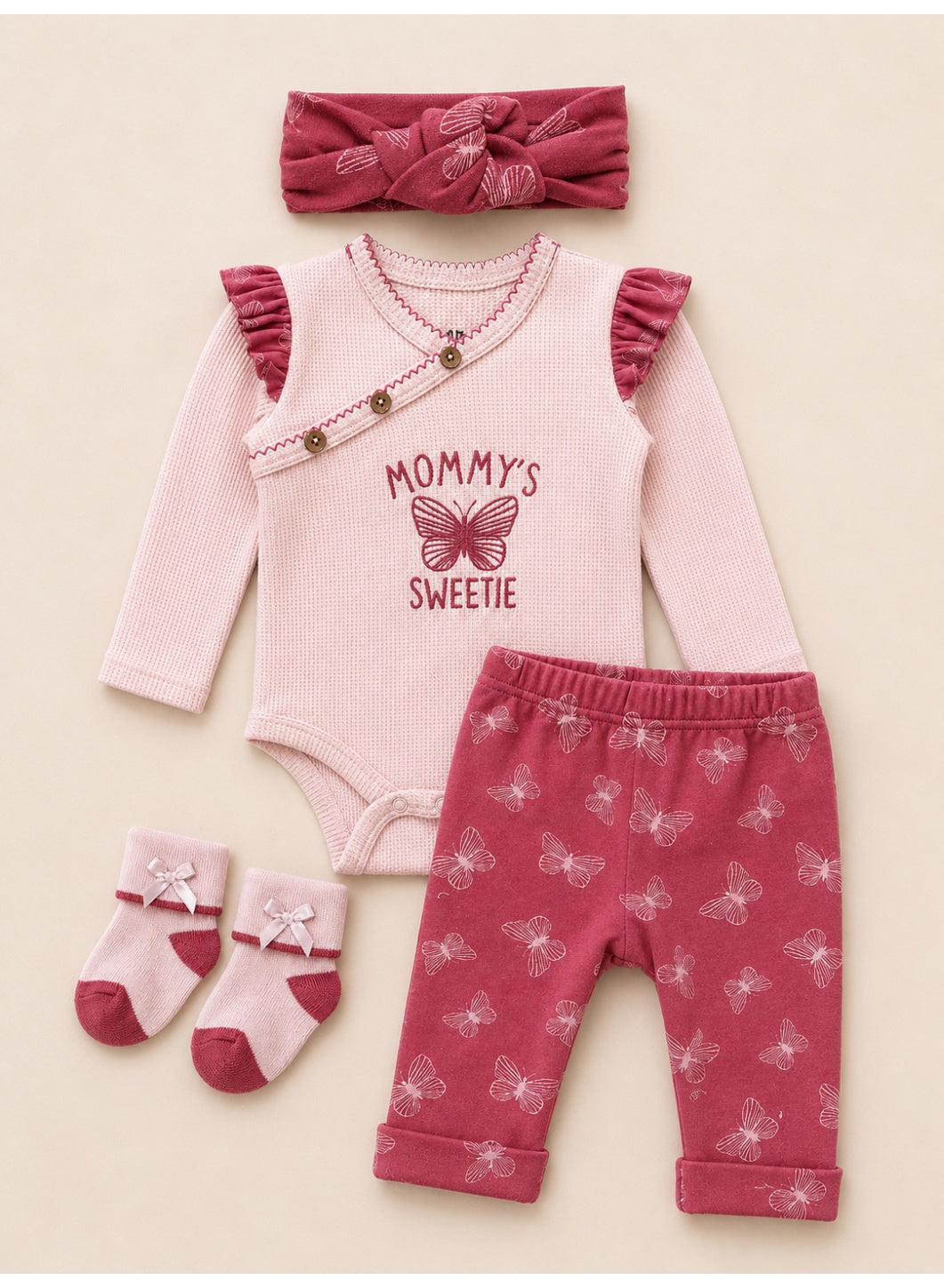 Baby Girls Wrap Bodysuit and Butterfly Print Pants Set with Socks and Headband (4-Piece)