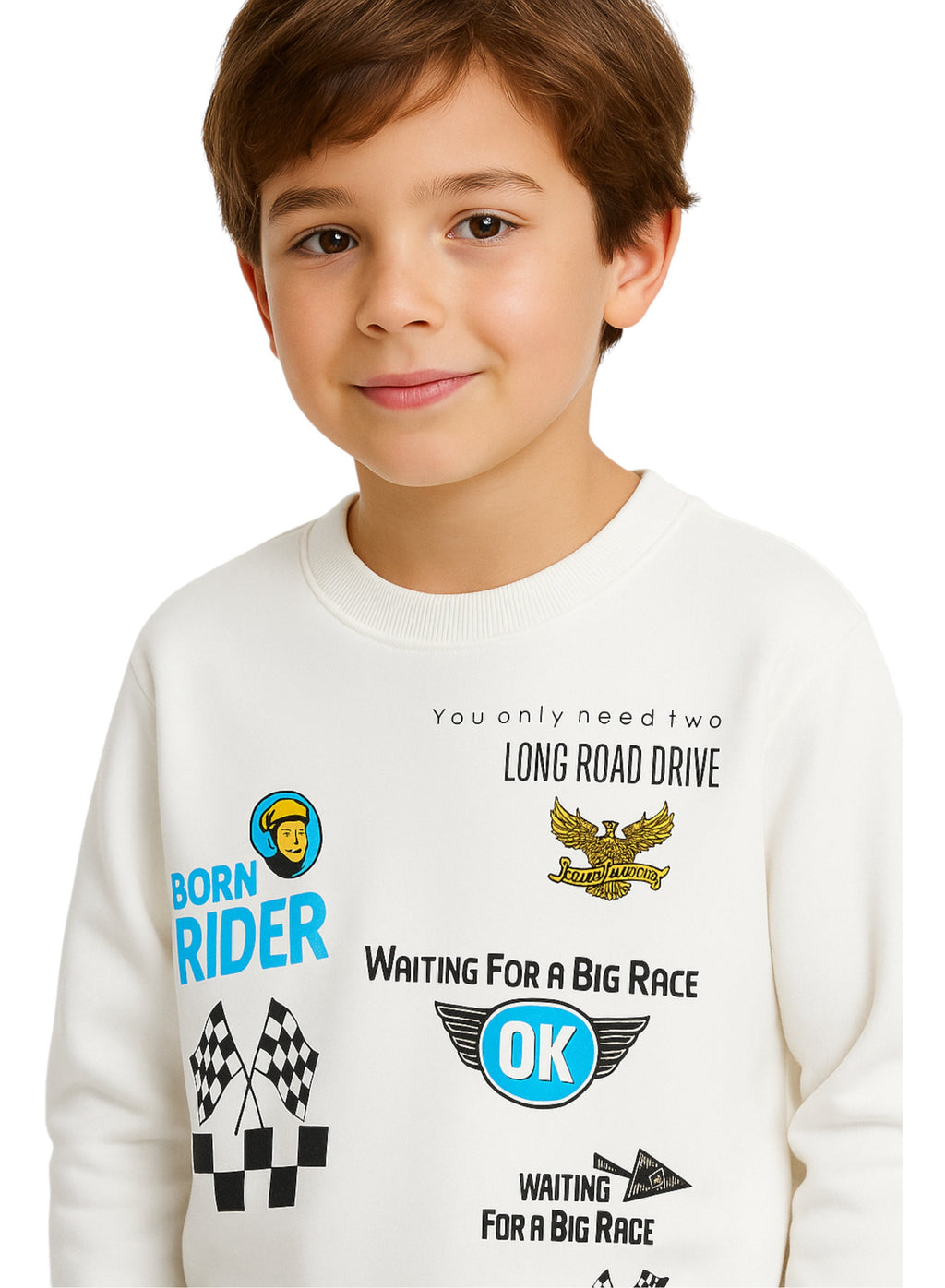 Victor And Jane Cotton Riding Theme Print Full Sleeves Sweatshirt & Joggers Set - White & Grey