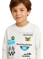 Victor And Jane Cotton Riding Theme Print Full Sleeves Sweatshirt & Joggers Set - White & Grey